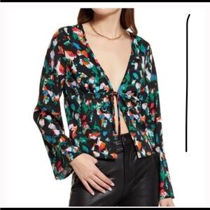 Open Edit Tie Front Bell Sleeve Top